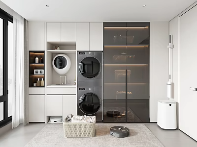 Modern Laundry Room Design With Stacked Washer Dryer Storage Cabinets And Robot Vacuum 3d model