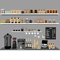 Professional Commercial Coffee Shop Equipment Featuring Coffee Machines Cash Register Shelves And Menu Board