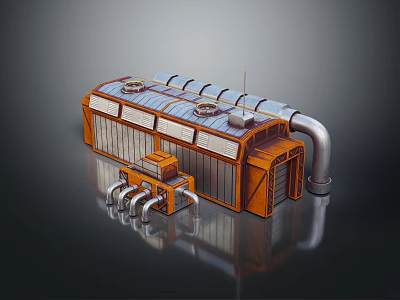 Cartoon Style 3D Rendered Industrial Equipment With Orange Gray Pipes Vents And Control Panels 3d model