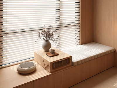 Wooden Window Seat with Venetian Blinds Cushioned Bench Small Table and Vase with Flowers 3d model