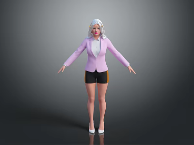 Fashionable Woman With White Hair In Pink Blazer White Top Black Shorts And High Heels 3d model