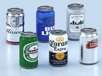 Various Brands of Canned Beer Beverages Displayed on White Background 3d model