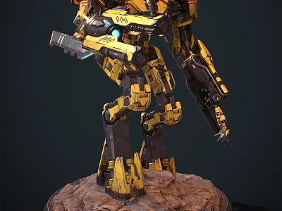 Smart Mechanical Robot With Yellow Black Armor Standing On Rock Base 3d model