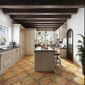 Traditional Kitchen Interior With Beamed Ceiling Wooden Cabinets And Island Counter