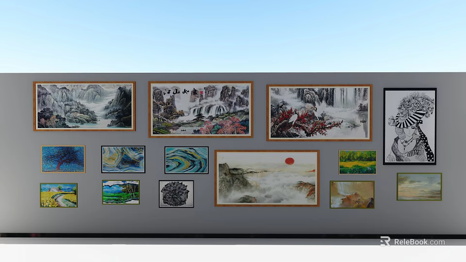 Diverse Artworks Collection On Wall With Various Styles And Frames 3d model 