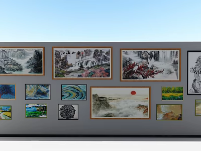 Diverse Artworks Collection On Wall With Various Styles And Frames 3d model