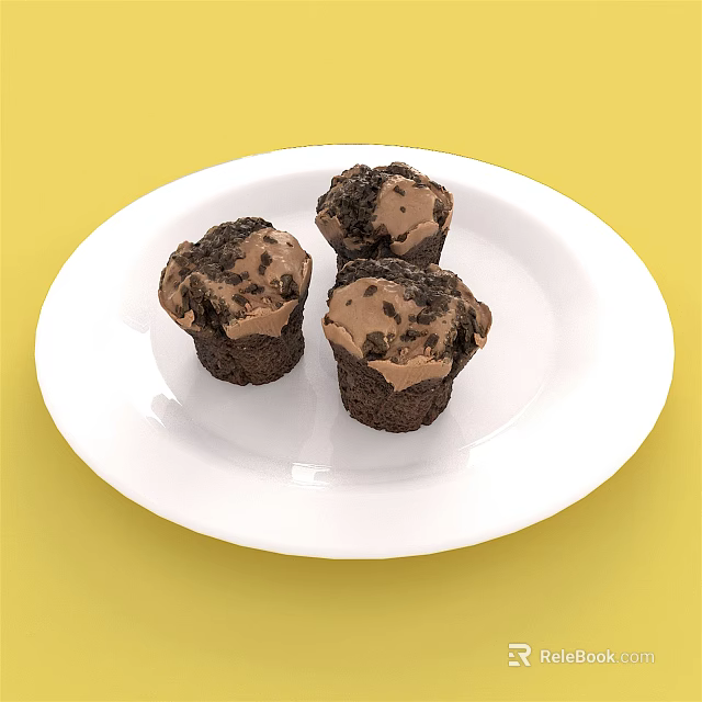 Moist Chocolate Desserts on White Plate with Yellow Background and Creamy Topping 3d model 
