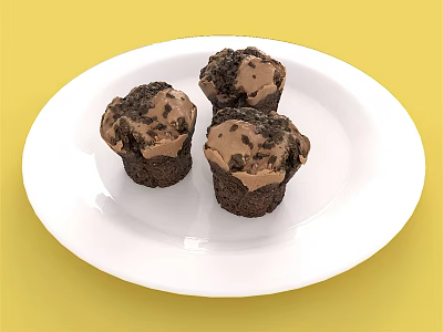 Moist Chocolate Desserts on White Plate with Yellow Background and Creamy Topping 3d model