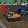 Industrial Factory Construction Site With Large Excavator Red Crane Metal Pipes And Blue Containers