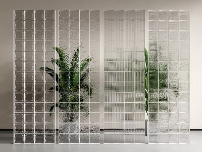 Modern Glass Room Divider With Grid Pattern And Green Plants Background 3d model