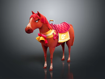 Cartoon Brown Horse With Golden Collar Red Bow Bells And Red Saddle Yellow G Logo 3d model