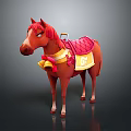 Cartoon Brown Horse With Golden Collar Red Bow Bells And Red Saddle Yellow G Logo