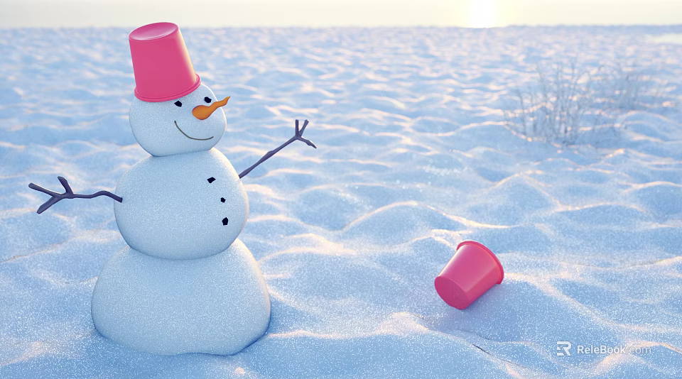 Cartoon Snowman With Pink Bucket Hat And Fallen Bucket In Snowy Sunlit Field 3d model 