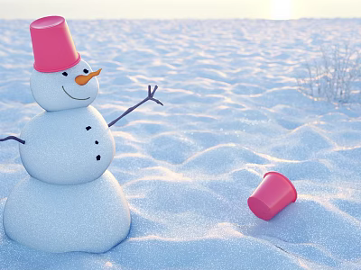 Cartoon Snowman With Pink Bucket Hat And Fallen Bucket In Snowy Sunlit Field 3d model