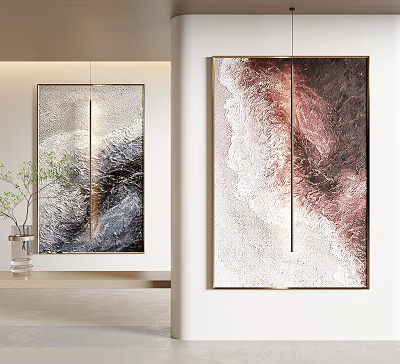 Abstract Paintings on Wall in Modern Interior with Gray Pink Textures and Hanging Lights 3d model