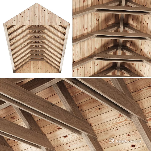 Wooden Ceiling with Exposed Beam Structure and Natural Wood Grain Design 3d model 