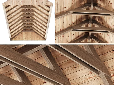 Wooden Ceiling with Exposed Beam Structure and Natural Wood Grain Design 3d model