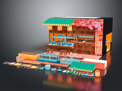 Cartoon Scene Of Colorful Stall With Green Roof Red Brick Wall And Cherry Blossom Decorations 3d model