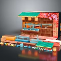 Cartoon Scene Of Colorful Stall With Green Roof Red Brick Wall And Cherry Blossom Decorations
