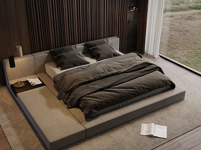 Modern Double Bed With Wooden Striped Headboard And Dark Bedding Near Large Window Grass View 3d model