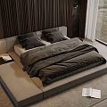 Modern Double Bed With Wooden Striped Headboard And Dark Bedding Near Large Window Grass View