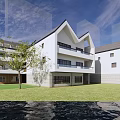 White Modern School Building Exterior With Balconies Grassland Water Trees And Blue Sky