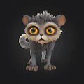 Cute Animated Cat Character With Big Eyes Gray Fluffy Fur And Curly Tail