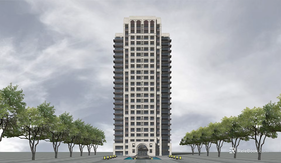 Light Colored High Rise Apartment Building With Multiple Windows And Trees 3d model