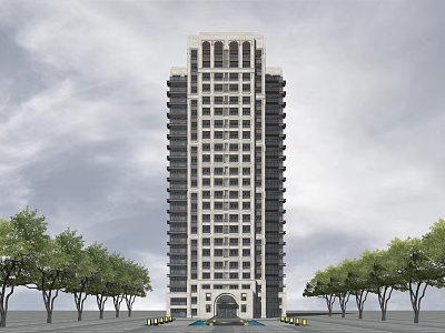 Light Colored High Rise Apartment Building With Multiple Windows And Trees 3d model