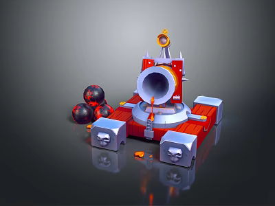 3D Cannon Weapon with Black Cannonballs Skull Decorations Wooden Base Red Parts and Muzzle Flame 3d model