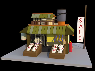 Cartoon Shop Scene With Green Yellow Striped Roof Pastry Displays And Sale Sign 3d model