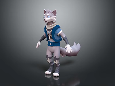 3D Animated Game Character With Gray Fur Blue Vest And White Scarf 3d model