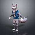 3D Animated Game Character With Gray Fur Blue Vest And White Scarf