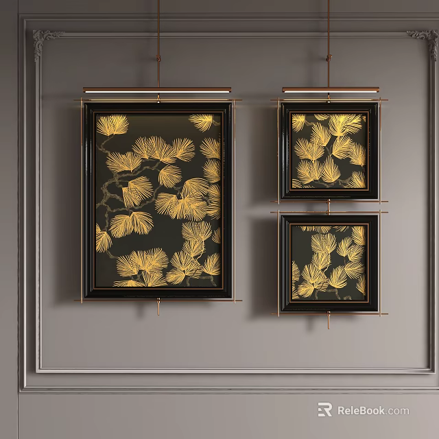 Decorative Abstract Paintings With Black Frames And Golden Leaf Patterns On Gray Wall 3d model