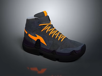 Gray High Top Sneakers With Orange Laces And Accents For Casual Style 3d model