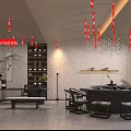 Chinese Style Private Dining Room Interior With Round Table Chairs And Calligraphy Scrolls 3d model