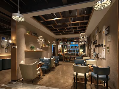 Warm Café Interior Design With Wooden Ceiling Chandeliers Sofas Tables And Wall Decor 3d model