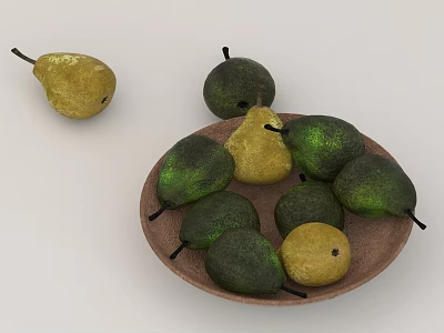 Fresh Green And Yellow Pears Arranged On A Wooden Plate With One Extra 3d model