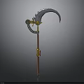 3D Model Decorative Scythe Equipment With Gear Brown Pole And Yellow Ornament