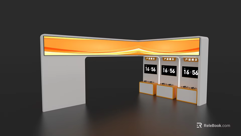 Event Display Wall With Orange Curved Top And Digital Screens On Counters 3d model 