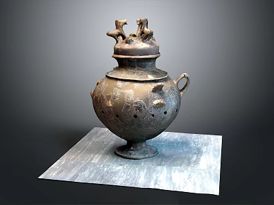 Ancient Bronze Sculpture Vessel Featuring Carved Patterns And Lid Animal Figures 3d model