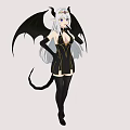 Anime Woman With Black Wings Silver Long Hair Crown Black Dress Stockings And Tail