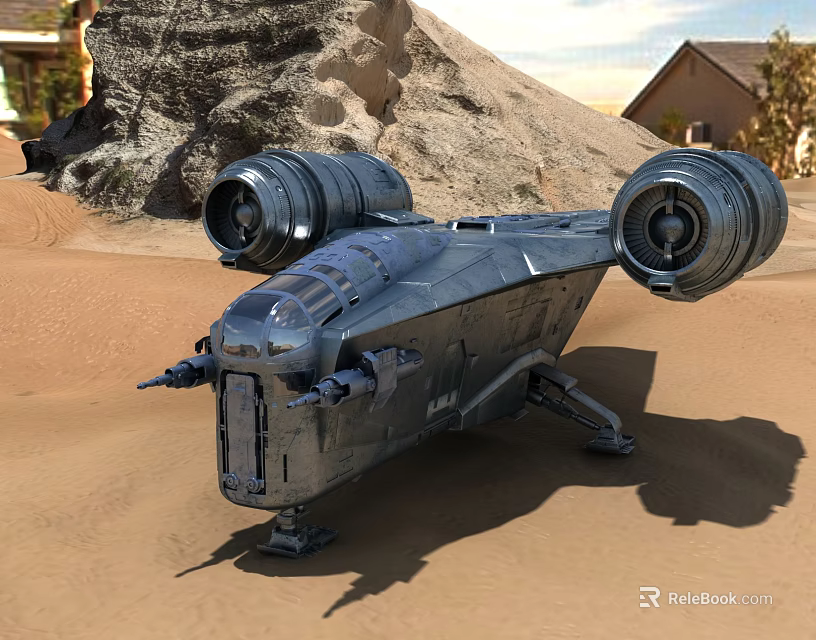 Futuristic Sci Fi Spaceship With Large Engines On Desert Terrain 3d model 