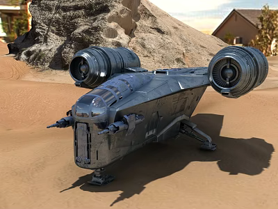 Futuristic Sci Fi Spaceship With Large Engines On Desert Terrain 3d model
