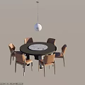 Brown Leather Back Dining Chairs Around Black Round Table With White Pendant Light 3d model