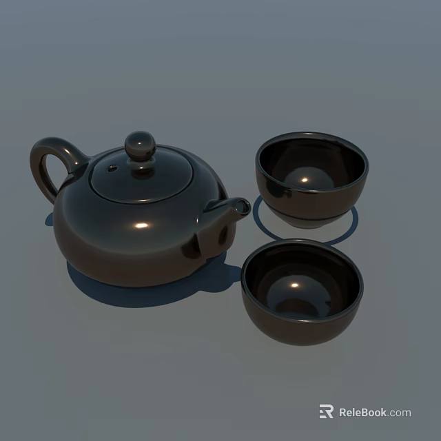Elegant Shiny Black Teapot And Two Teacups With Glossy Ceramic Design 3d model 