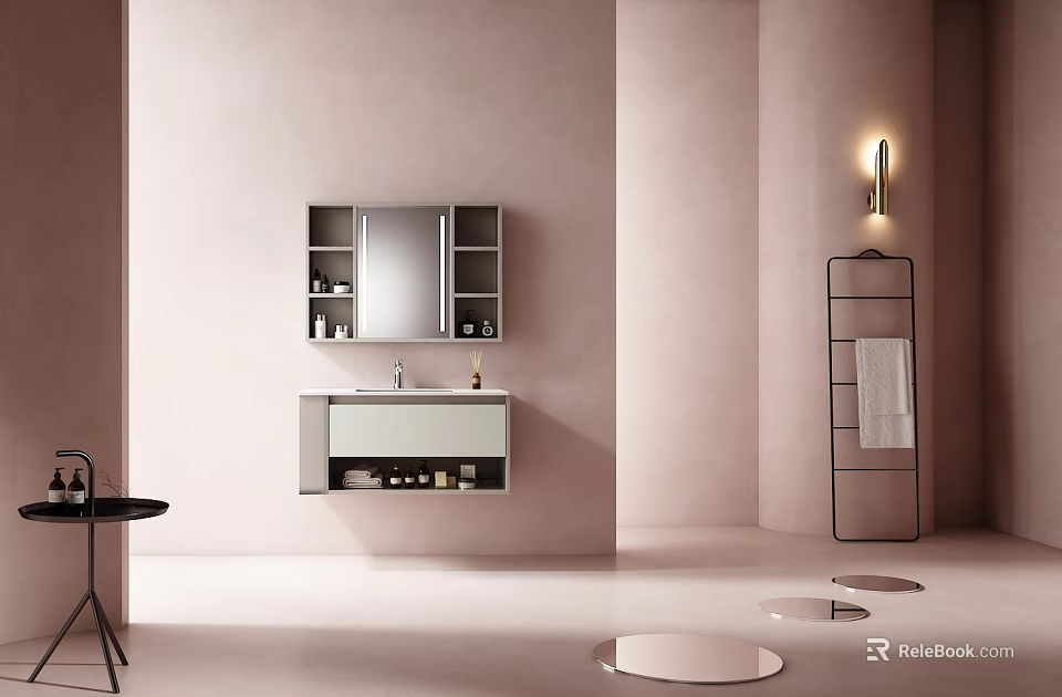Light Colored Modern Bathroom Cabinet With Mirror Shelves And Sink Design 3d model