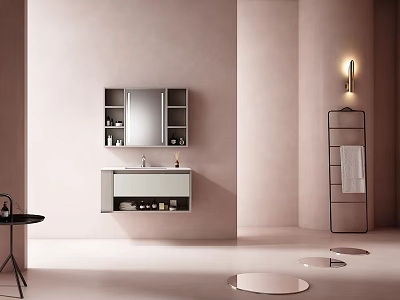 Light Colored Modern Bathroom Cabinet With Mirror Shelves And Sink Design 3d model