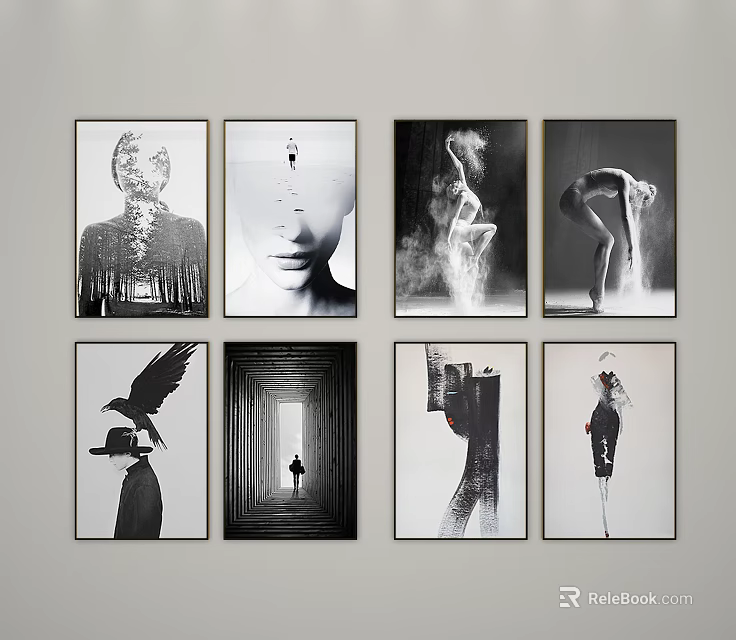 Eight Black And White Figurative Paintings With Abstract Human Forms And Artistic Elements 3d model