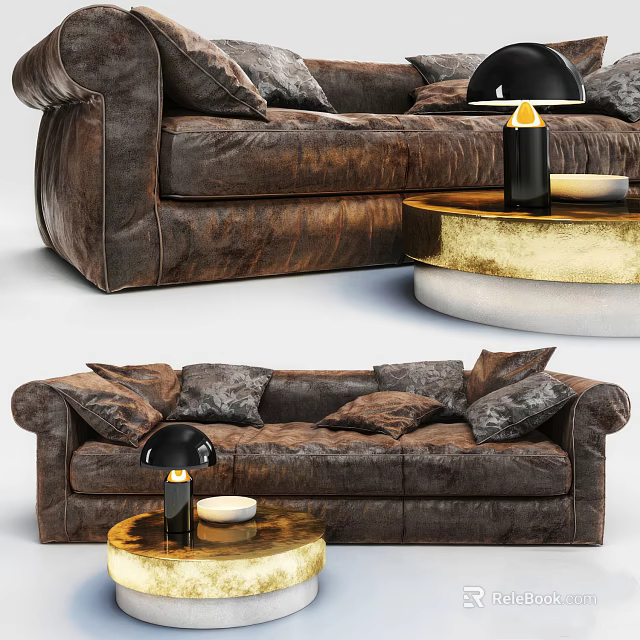 Brown Distressed Leather Three Seater Sofa With Cushions And Gold Base Round Coffee Table 3d model 